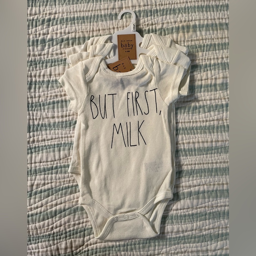 Rae Dunn baby three pack short-sleeve onesies off-white size 3-6 months - NEW